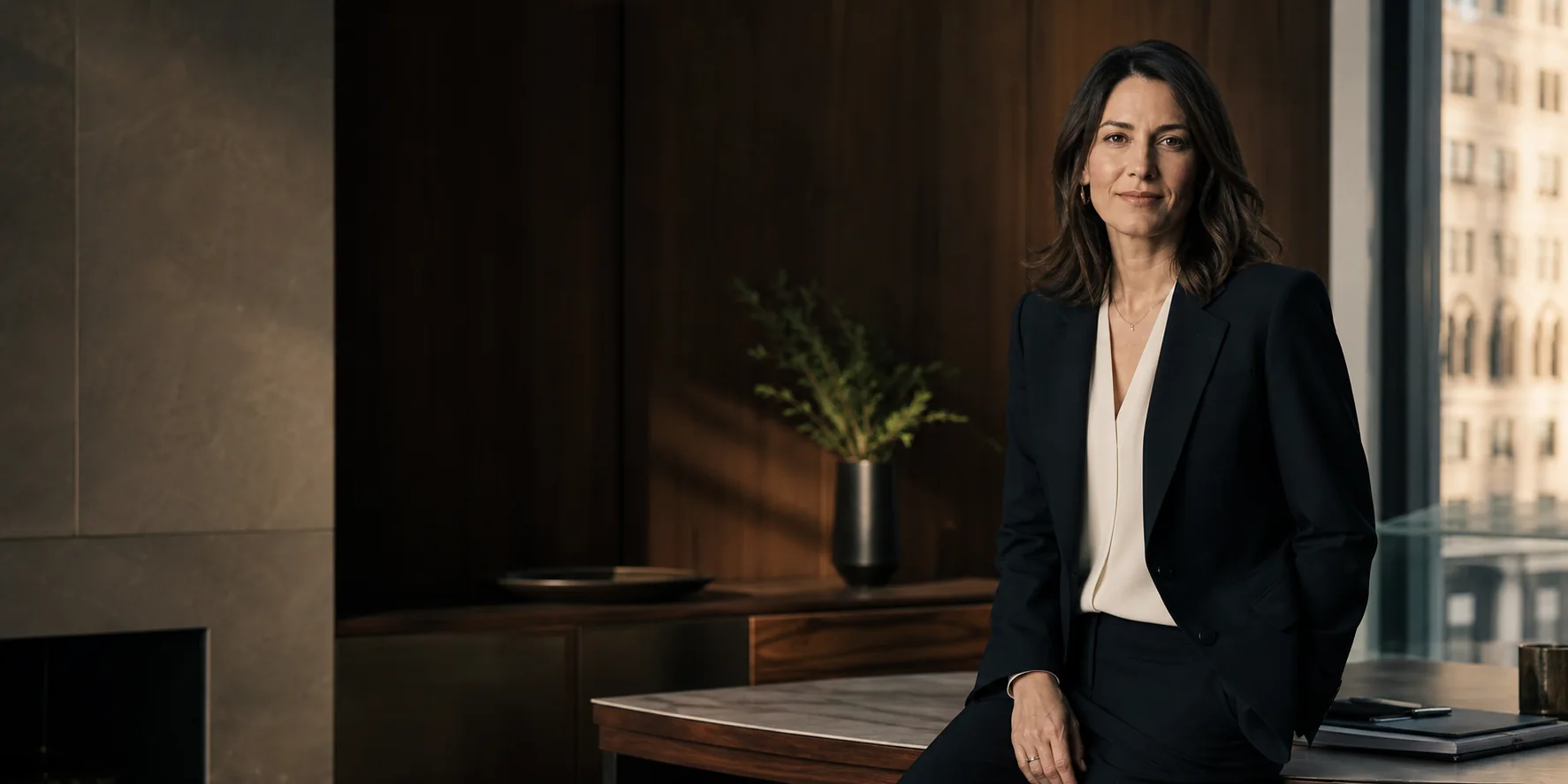 Portrait of a professional in a dark wood office beside a city window