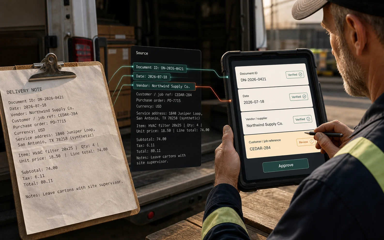 A field-service supervisor comparing a delivery note with evidence-linked proposed fields before approval