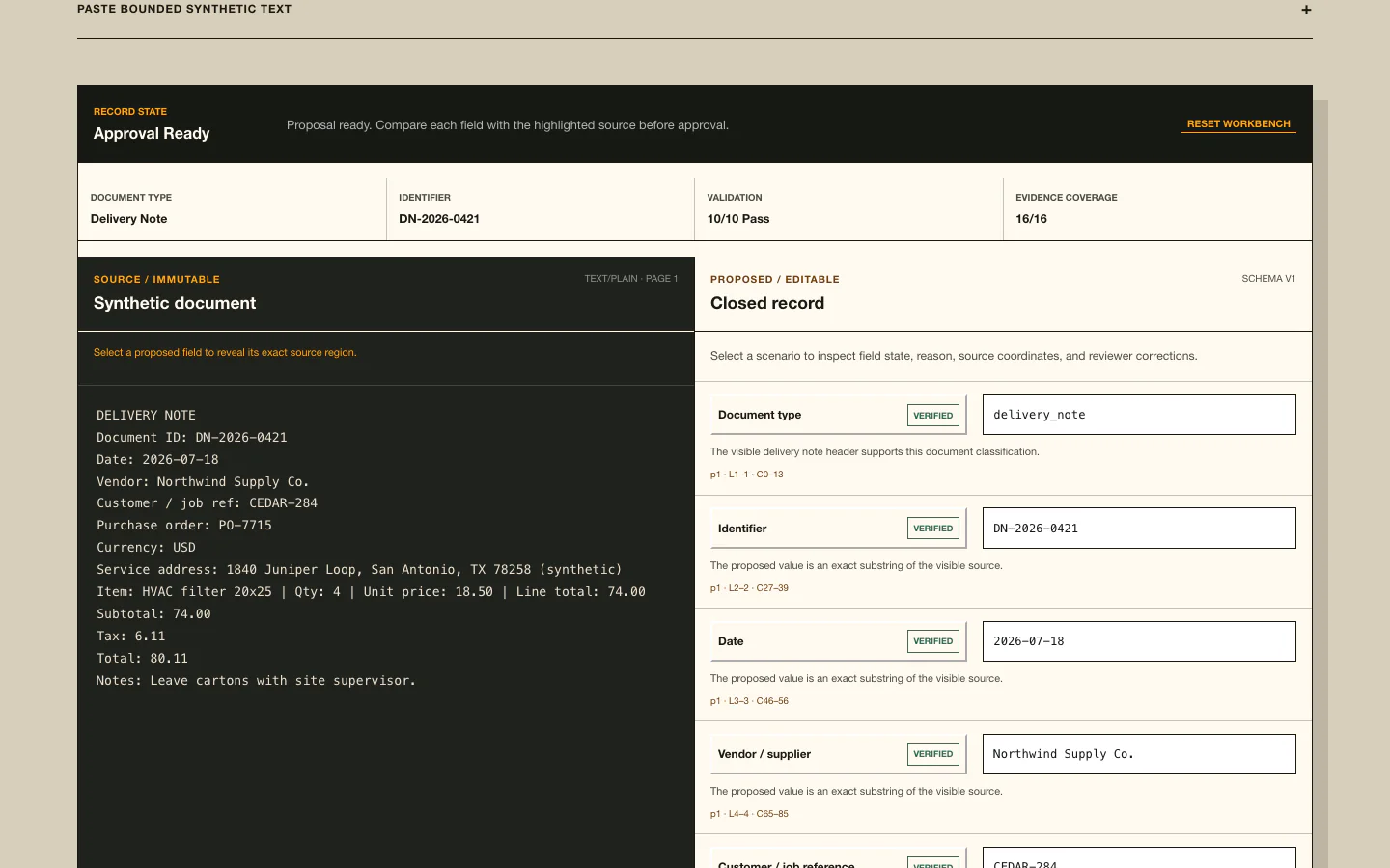 FieldDoc comparing a source delivery note with extracted fields and exact evidence