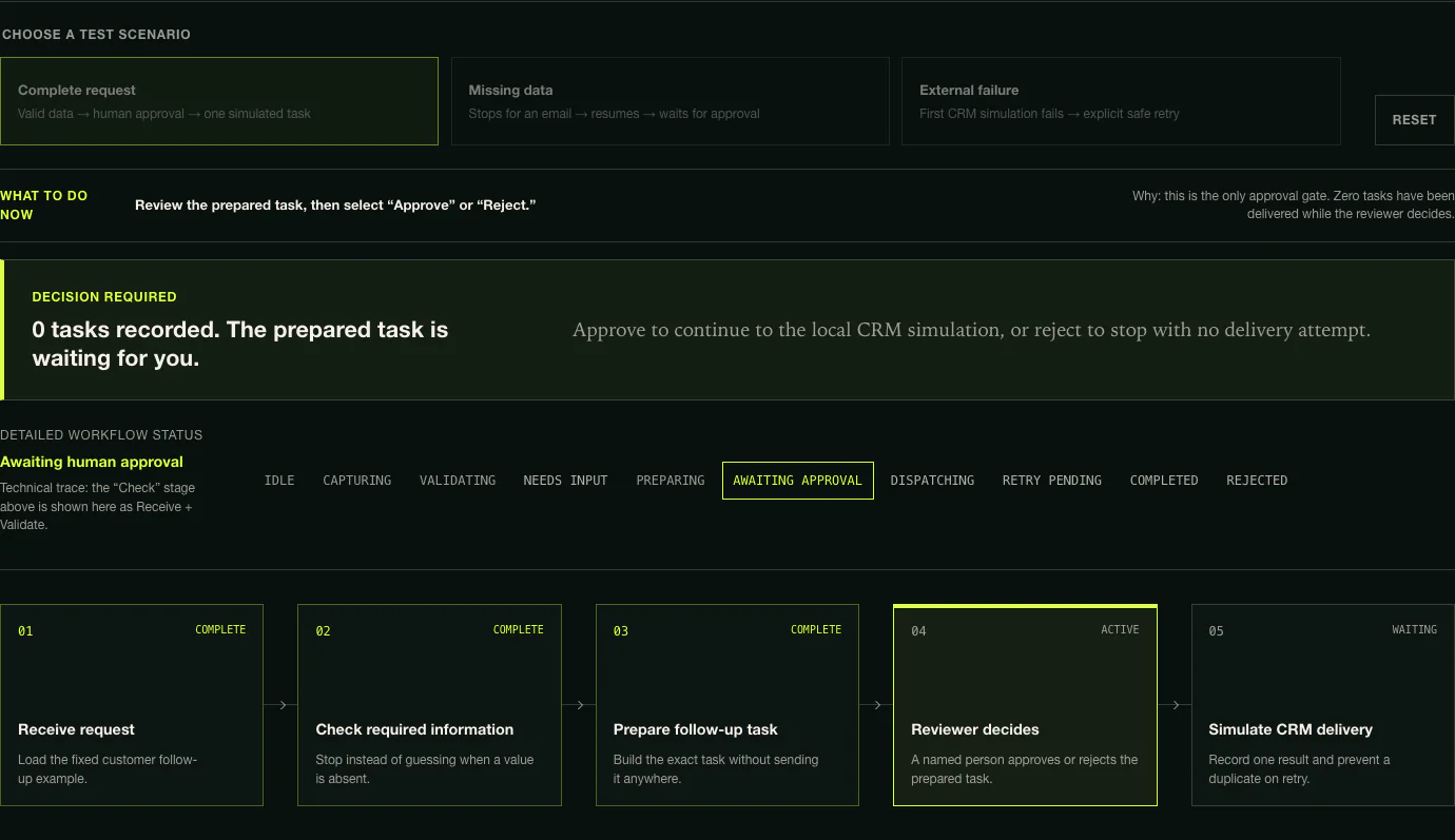 RelayOps paused for a human decision before a simulated customer follow-up task