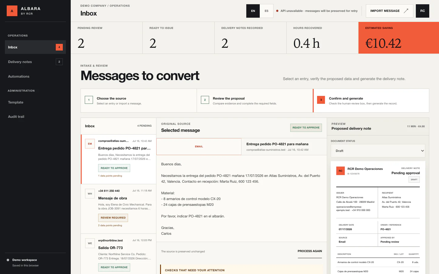 ALBARA Operations inbox showing an email, extracted delivery-note fields and the proposed document side by side