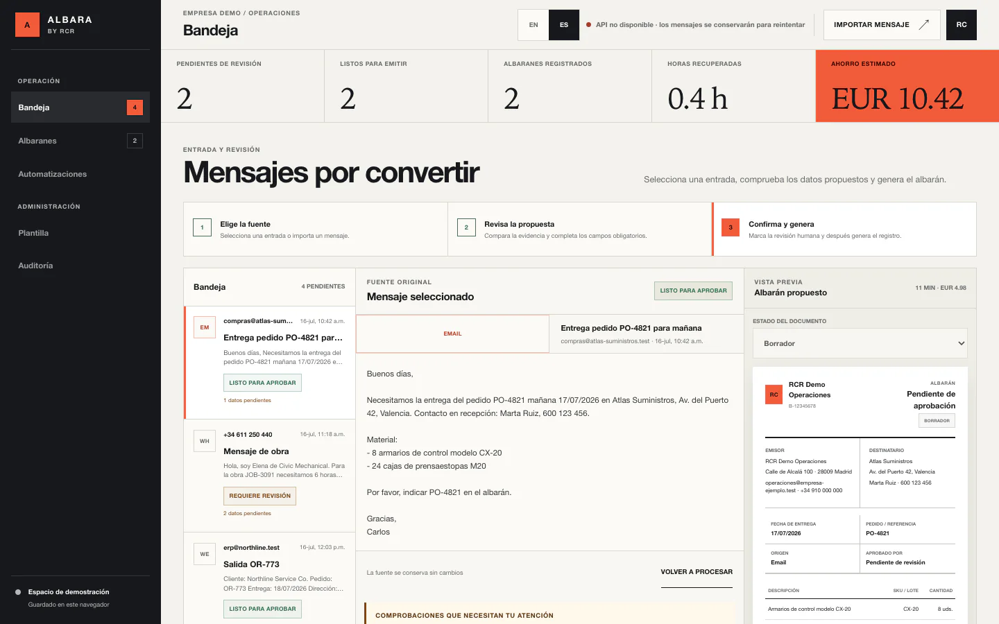 Interfaz de ALBARA con el email original, los datos extraídos y el albarán propuesto visibles a la vez