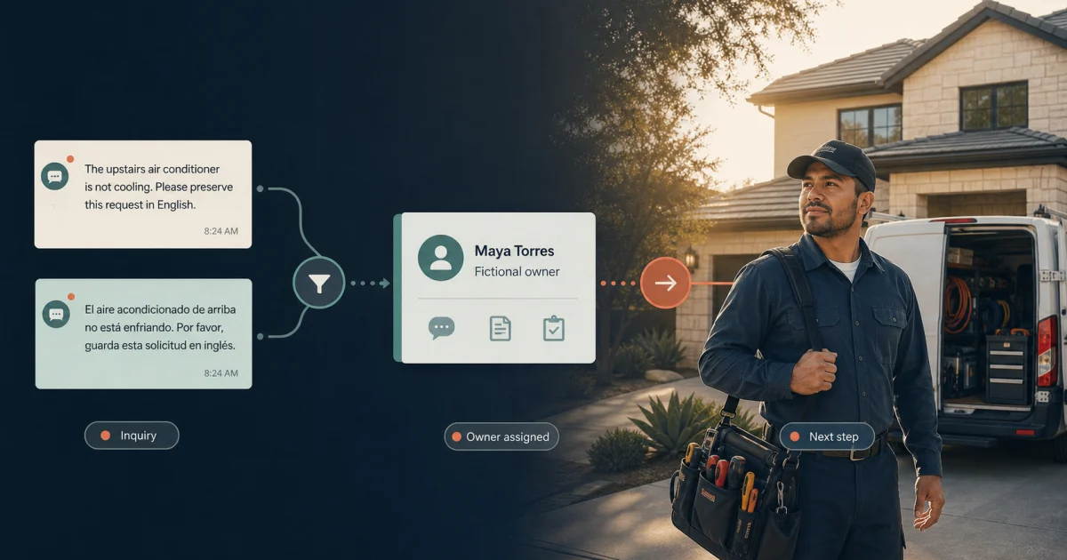 A fictional English and Spanish HVAC inquiry routed to a named owner and visible field-service next step